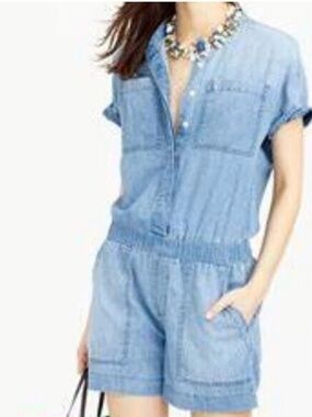J Crew cotton linen blend Chambray Denim Blue Romper Shorts Jumpsuit